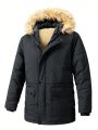Men Plus Flap Pocket Fuzzy Trim Hooded Winter Coat