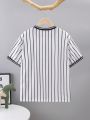 SHEIN Kids SPRTY Striped Letter Print Loose Fit Short Sleeve Sports T-Shirt With Round Neck For Tween Boys