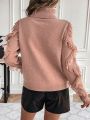 Solid Color High Neck Long Sleeve Sweater With Ribbed Trim Decoration