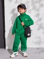 SHEIN Young Boy Embroidery Letter Pattern Drop Shoulder Pullover & Sweatpants