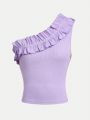 SHEIN Teen Girl Knitted Ribbed Flounce Hem One Shoulder Tight Casual Vest