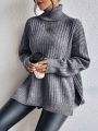 SHEIN Essnce Turtleneck Drop Shoulder Split Hem Sweater