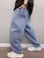 Men's Loose Fit Solid Color Denim Jeans With Slanted Pockets