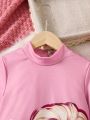 SHEIN Kids Cooltwn Girls' Pink Anime Style Fashionable Long Sleeve Halfhigh Collar Dress, Spring, Autumn And Winter