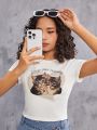 SHEIN Teenage Girls' Knitted Casual T-Shirt With Cute Cat Pattern