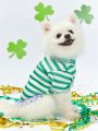 PETSIN Pet Green Striped St. Patrick's Day T-Shirt With Ruffled Hem And Purple Lace Trim