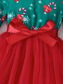 SHEIN Kids QTFun Young Girl Christmas Print Mesh Hem Belted Dress