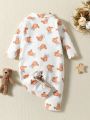 Baby Boy's Long Sleeve Hooded Bodysuit With Bear Print And Long Pants, Home Wear