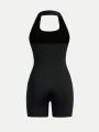 SHEIN Teen Girl Knitted Solid Color Sleeveless Halter Neck Skinny Jumpsuit