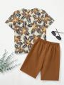 SHEIN Kids SUNSHNE Tween Boy Casual Comfortable Tropical Plants Printed Short Sleeve T-Shirt And Shorts Set