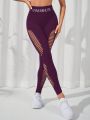 Letter Graphic Wideband Waist Cut Out Sports Leggings