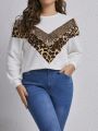 SHEIN LUNE Plus Leopard Panel Contrast Sequin Rhinestone Detail Drop Shoulder Sweatshirt