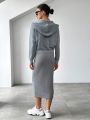 SHEIN Essnce Women's Hooded Sweatshirt And Suspender Skirt Two-piece Set