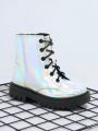 Girls Holographic Lace-up Front Side Zipper Boots