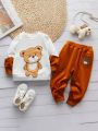 Baby Boys' Bear Pattern Color-block Top + Long Pants Outfit Set