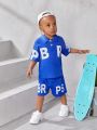 Baby Boy Casual Art Design Polo Shirt And Shorts Set With English Letter Print