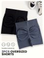 Yoga High Street 2pcs/Set Plus Size Sports Shorts With Folded Back Design