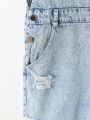Girls' Basic Casual Light Blue Washed Cutout & Distressed Denim Shortalls With Frayed Hem