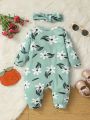 Baby Girl Floral Printed Zippered Shortall Jumpsuit With Hairband
