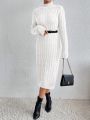 SHEIN Essnce Solid Color Half-turtleneck Twisted Knit Sweater Dress (belt Not Included)
