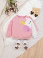 SHEIN Baby Girl Unicorn Print 3D Ear Design Fuzzy Sleeve Sweatshirt