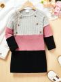 SHEIN Kids HYPEME Little Girls' Color Block Fake Button Bowknot Decorated Dress