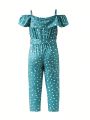 SHEIN Kids FANZEY Toddler Girls' Polka Dot Ruffle Trimmed Jumpsuit For Spring/Summer
