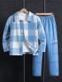 SHEIN Kids SPRTY Boys' (Big Kid) Checked Pattern Casual Jacket And Pants Set