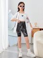 SHEIN Kids Cooltwn Tween Girls' Casual Random Printed Stretch Shorts For Spring/Summer