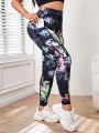 Plus Allover Print Wideband Waist Sports Leggings With Phone Pocket