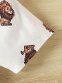 SHEIN Baby Boys' Leisure Sports Lion Printed Short Sleeve, Khaki Elastic Waistband Shorts Set, Comfortable And Loose