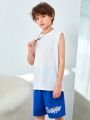 SHEIN Kids KDOMO 3pcs/Set Tween Boys' Casual Loose Weave Short Sleeve Shirt, Letter Printed Shorts And Knitted Vest, Summer