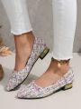 Women's Knitted Tip Low Heel Flat Shoes With Colorful Pattern, Electroplated Golden Trimmed Sole