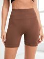 Ribbed High Waisted Seamless Elastic Compression Shorts For Workout