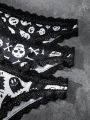 3pack Skull Print Contrast Lace Lace Trim Panty