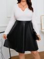 SHEIN Frenchy Plus Size Contrast Color Patchwork V-neck Long Sleeve Dress With Notched Collar
