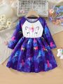 Little Girls' Cute Unicorn Printed Long Sleeve Dress With Round Neck