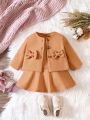 Infant Girls' Butterfly Knot Decorated Double Breasted Jacket And Ruffled Hem Dress Set