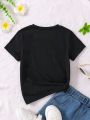 SHEIN Kids HYPEME Little Girls' Casual Short Sleeve T-Shirt With Printed Design On Chest