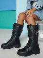 Girls Chain Decor Lace-up Front Combat Boots
