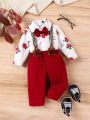 Baby Boys' Floral Printed Romper With Bow Tie And Suspenders Along With Gentleman Long Pants