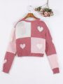 Teen Girl Heart Pattern Colorblock Drop Shoulder Duster Cardigan