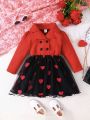 SHEIN Kids CHARMNG Little Girls' Romantic Mesh Heart Printed Patchwork Dress With Blazer Collar
