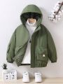 Boys' Detachable Hood Thickened Coat With 3d Pockets, Winter