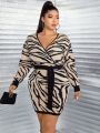 SHEIN Privé Plus Zebra Striped Pattern Drop Shoulder Belted Sweater Dress