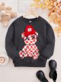SHEIN Big Girls' Loose Fit Sporty 3d Teddy Bear Print Fleece Pullover