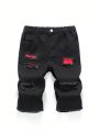 Boys' Black Distressed Ripped Denim Shorts With Red Patchwork