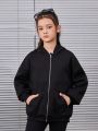 SHEIN Kids HYPEME Tween Girls' Fashionable Street Style Slogan & Face Printed Knit Hooded Cardigan