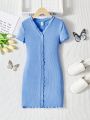 SHEIN Girls' Everyday Casual Knitted Solid Color V-Neck Short Sleeve Dress