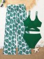 Girls' (big) Bikini Swimsuit Set With Tropical Pattern, Crossed Straps, And Matching Cover-up Pants In Spring And Summer
